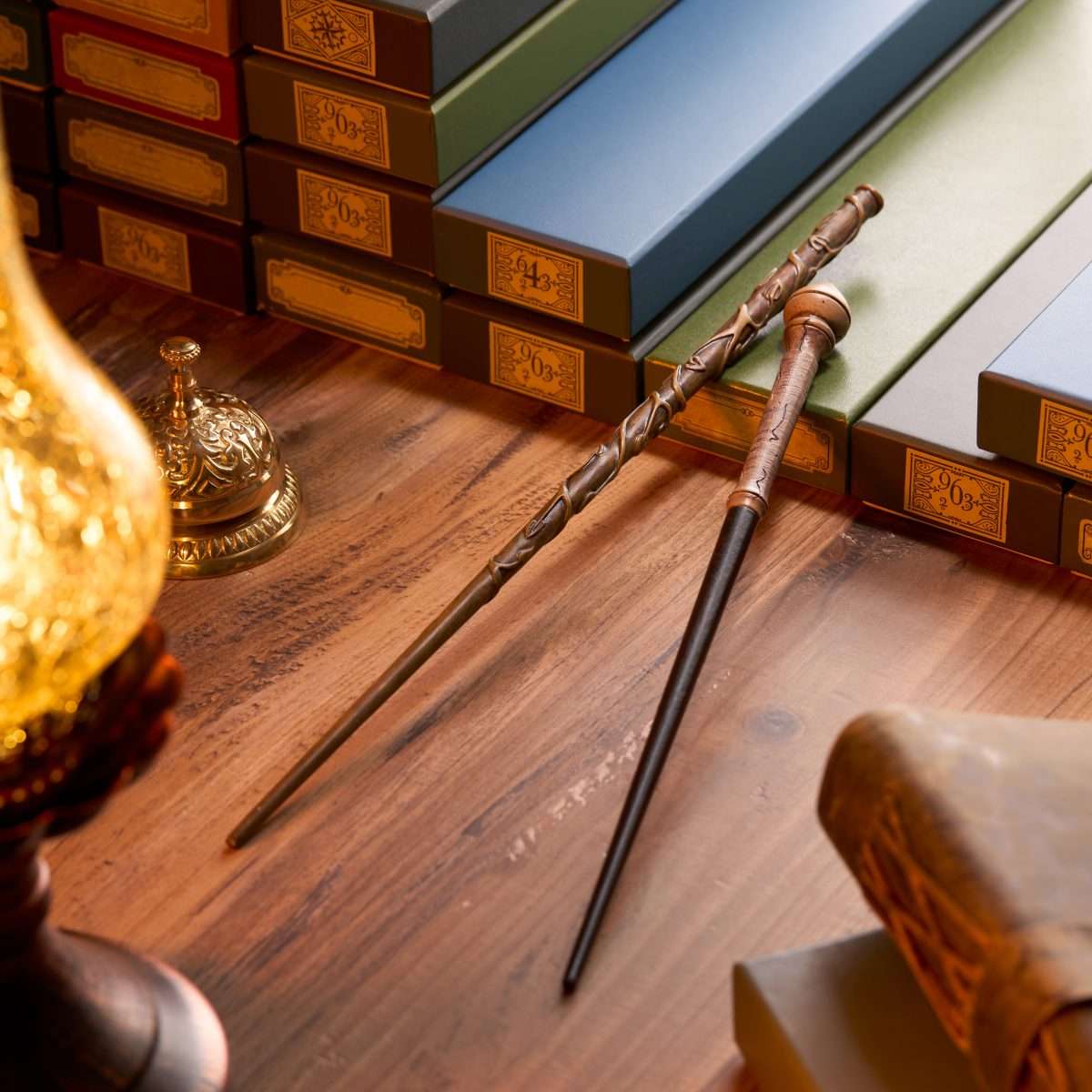 The Noble Collection's extensive Harry Potter wand collection display showcasing various character replicas