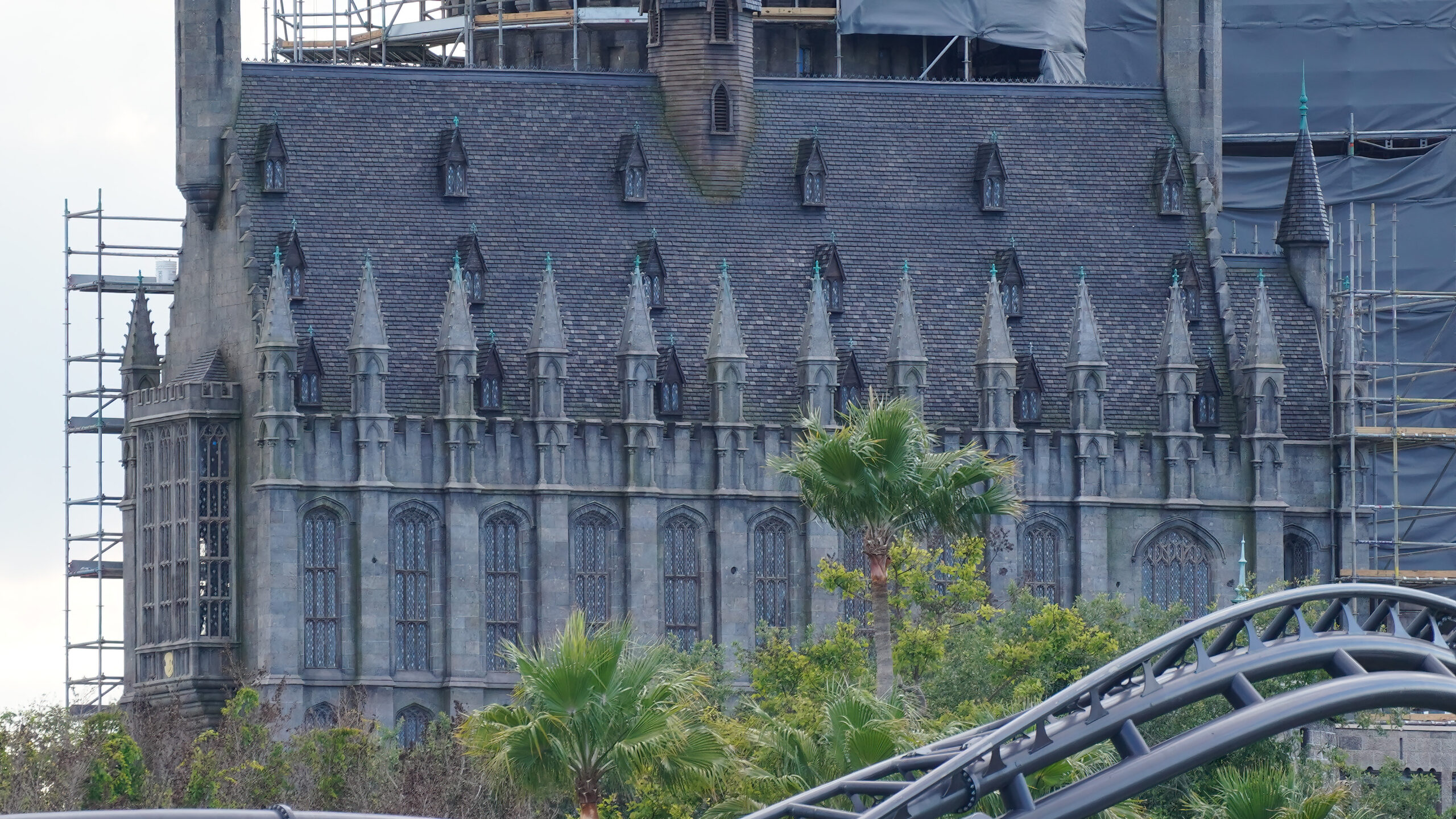 Scaffolding equipment positioned around castle sections