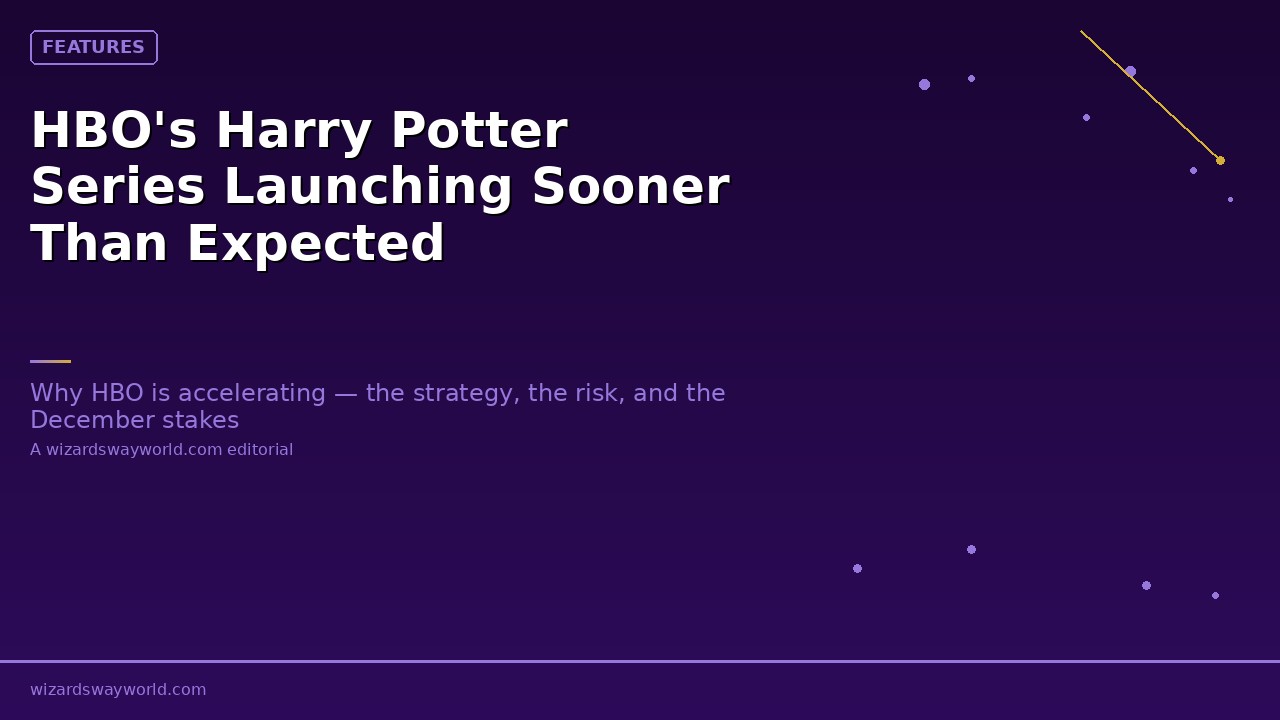 Ron Weasley, Harry Potter, and Hermione Granger walking through the halls of Hogwarts in the HBO series